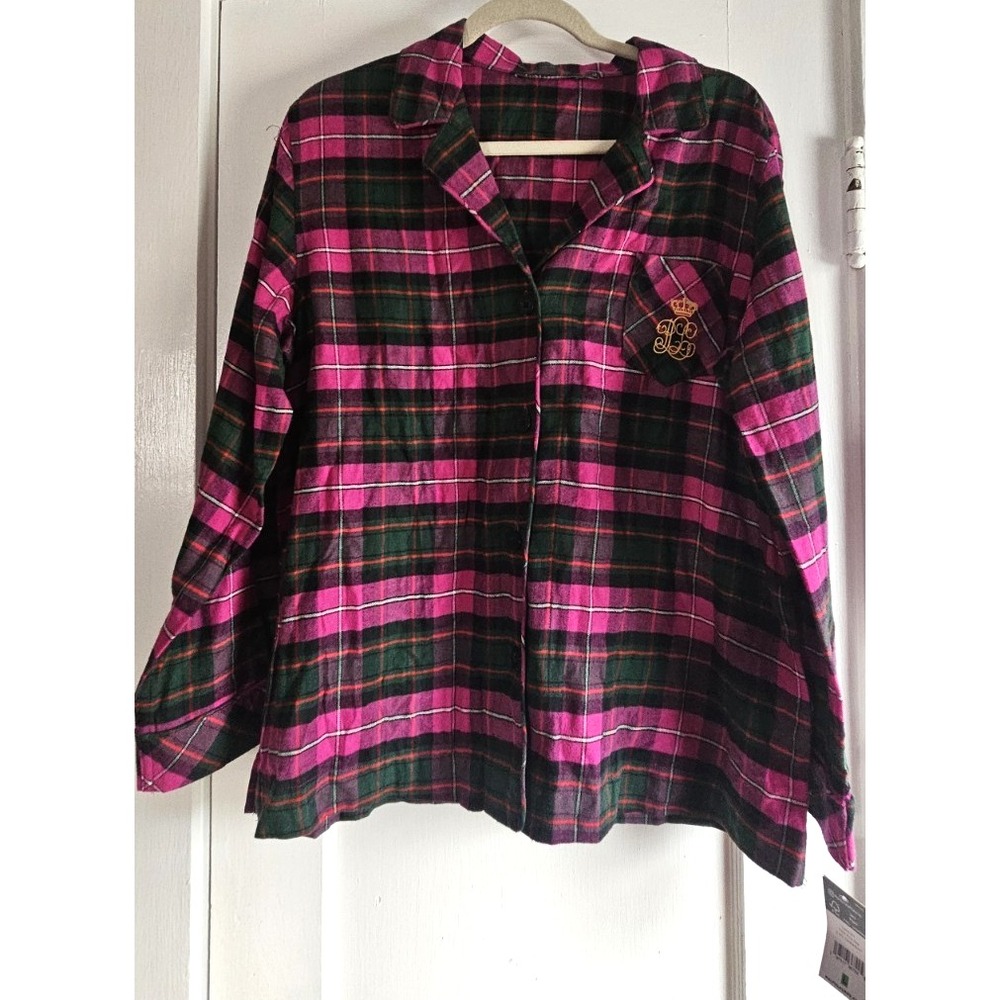 NWT Lauren Ralph‎ Lauren women Sz L flannel sleepshirt top pink plaid